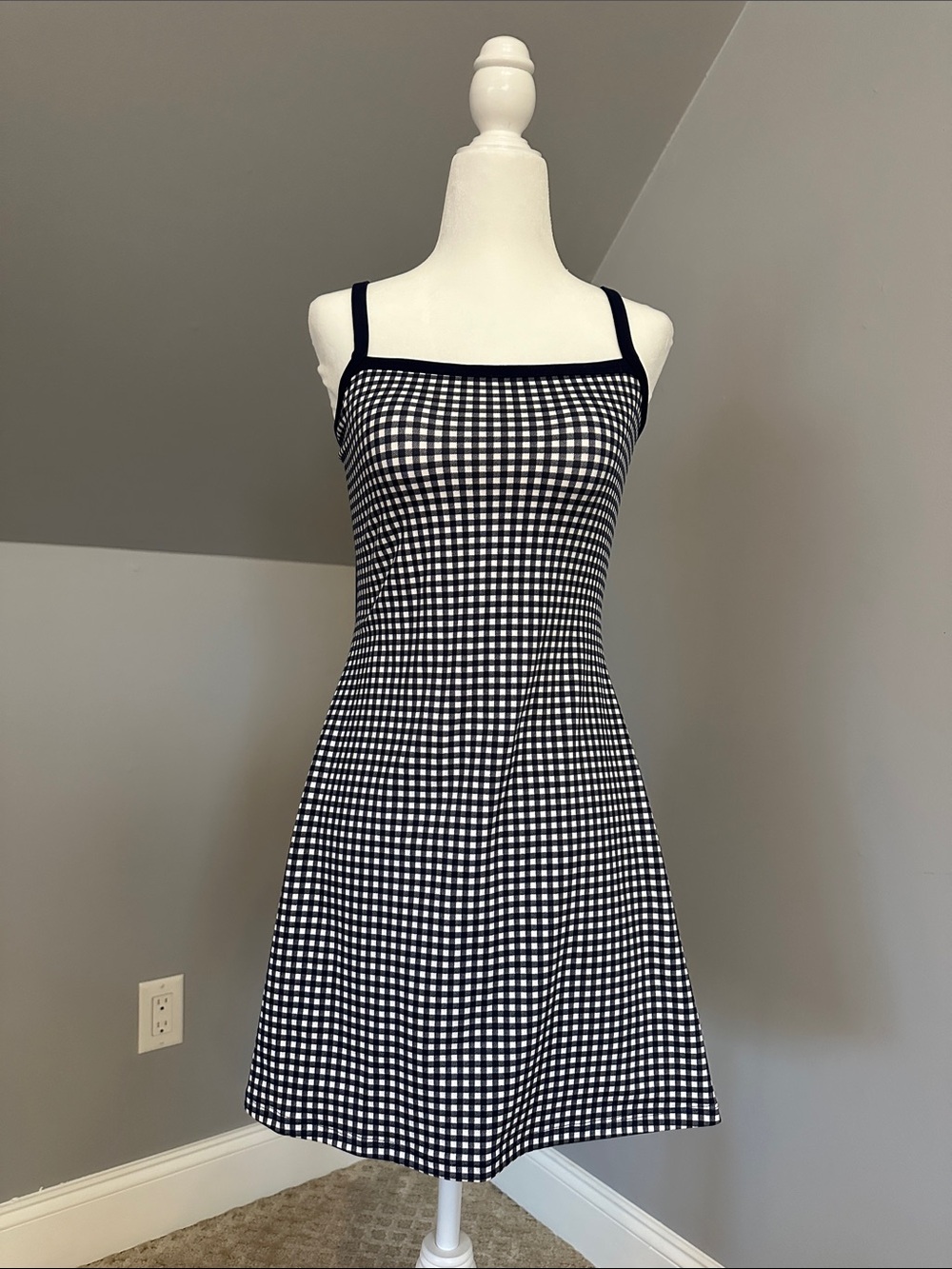 wild fable Black and White Gingham Square-Neck Mini Dress with Slim Straps
